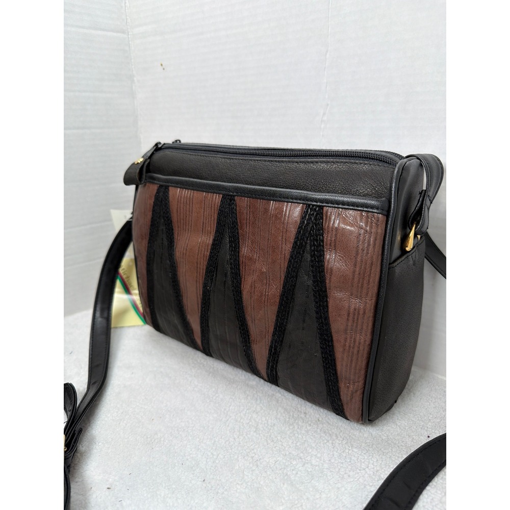 NWT VTG 90s Michael Stevens Genuine  Leather Crossbody Bag Brown Black Geometric - Picture 2 of 8